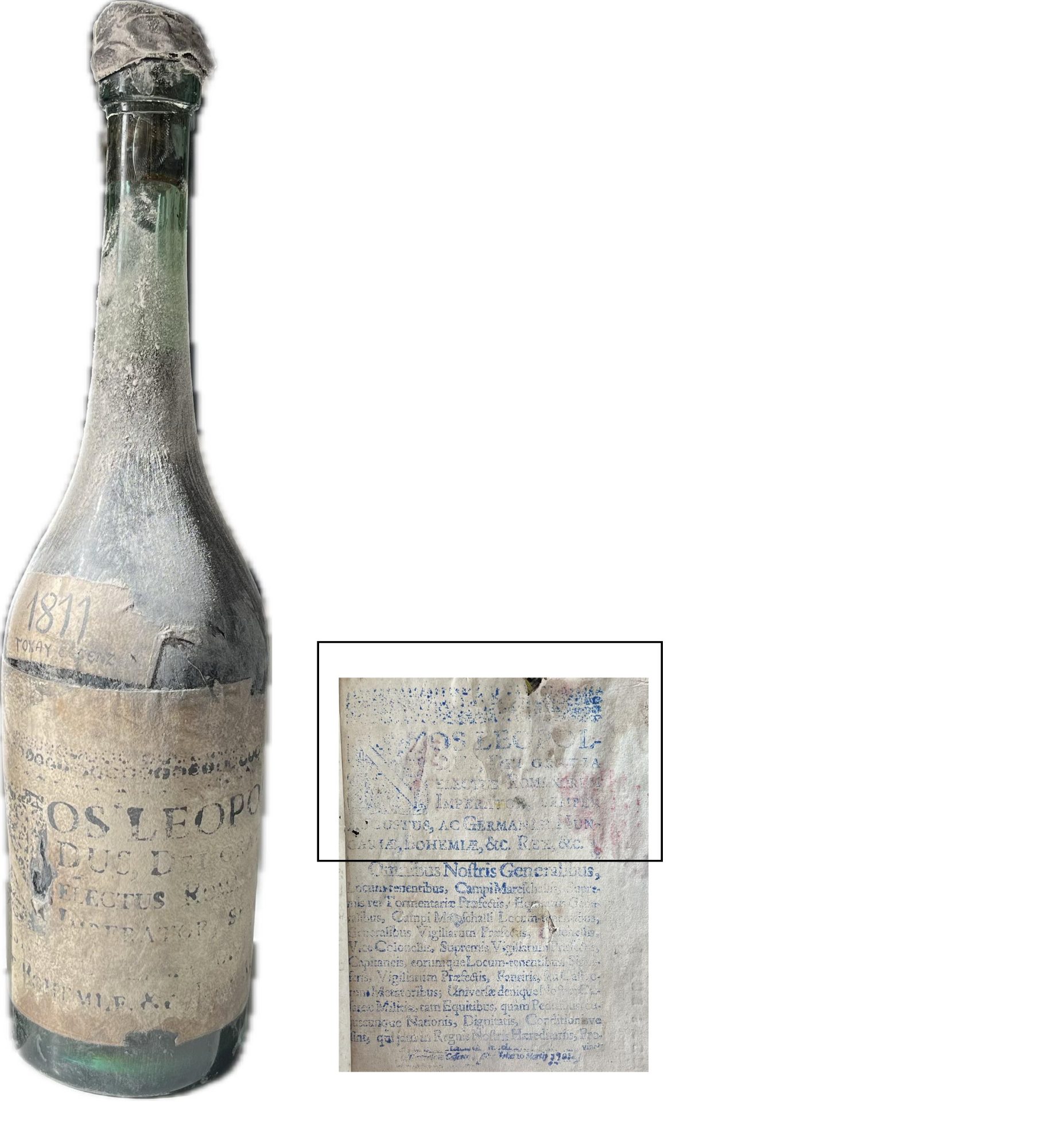 An 1811 Tokay Essenz bottle whose label is a piece of a printed imperial patent, shown beside the rest of the sheet, the framed upper part matching the label; the text opens NOS LEOPOLDUS DEI GRATIA ELECTUS ROMANORUM IMPERATOR