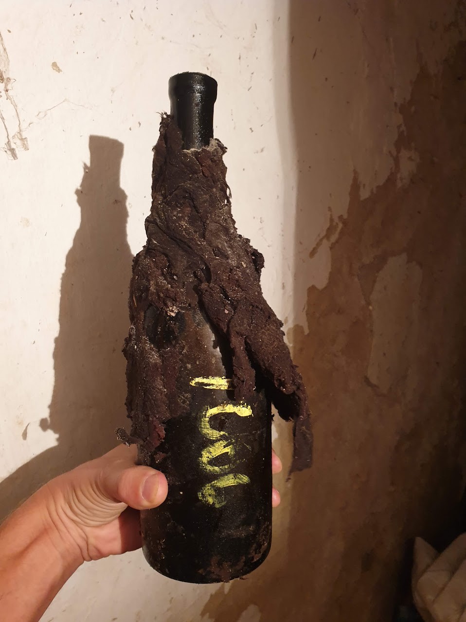 Bottle sheathed in mould-grown wrapping, a yellow painted cellar mark visible where the glass is bare