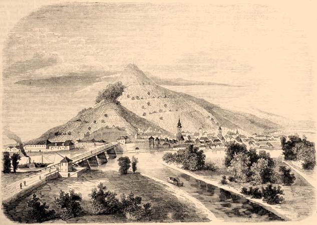 The town and hill of Tokaj, engraved for an 1857 newspaper article