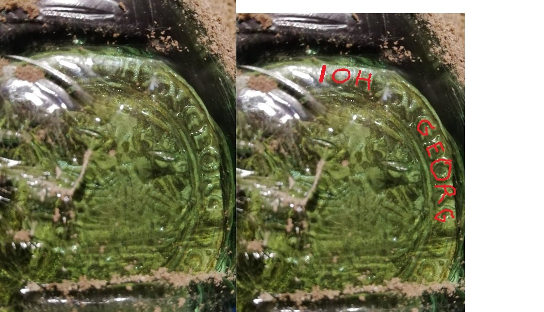 The glass seal of bottle no. 3, with the letters IOH and GEORG traced in red