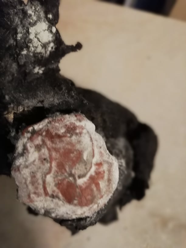 The red wax seal on the shoulder under the torn wrapping