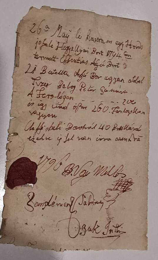 The 1796 document signed by Baron Miklós Vay, with a red wax seal