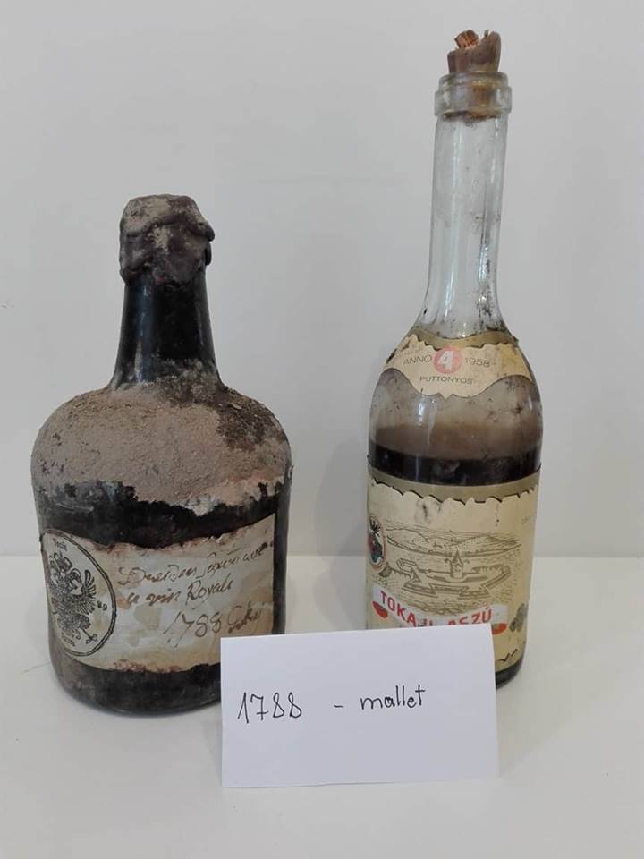 The 1788 mallet bottle beside a 1958 four-puttonyos Tokaji aszú for scale