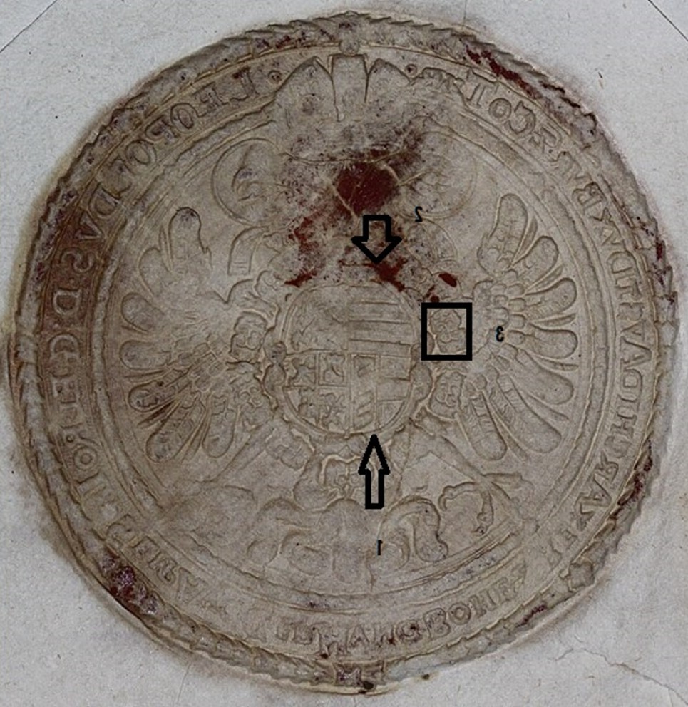 The Leopold seal with the same three details marked