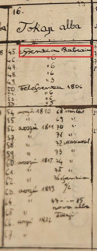 A cellar register page listing Essentia Rabutin and aszú of 1810, 1811 and 1817