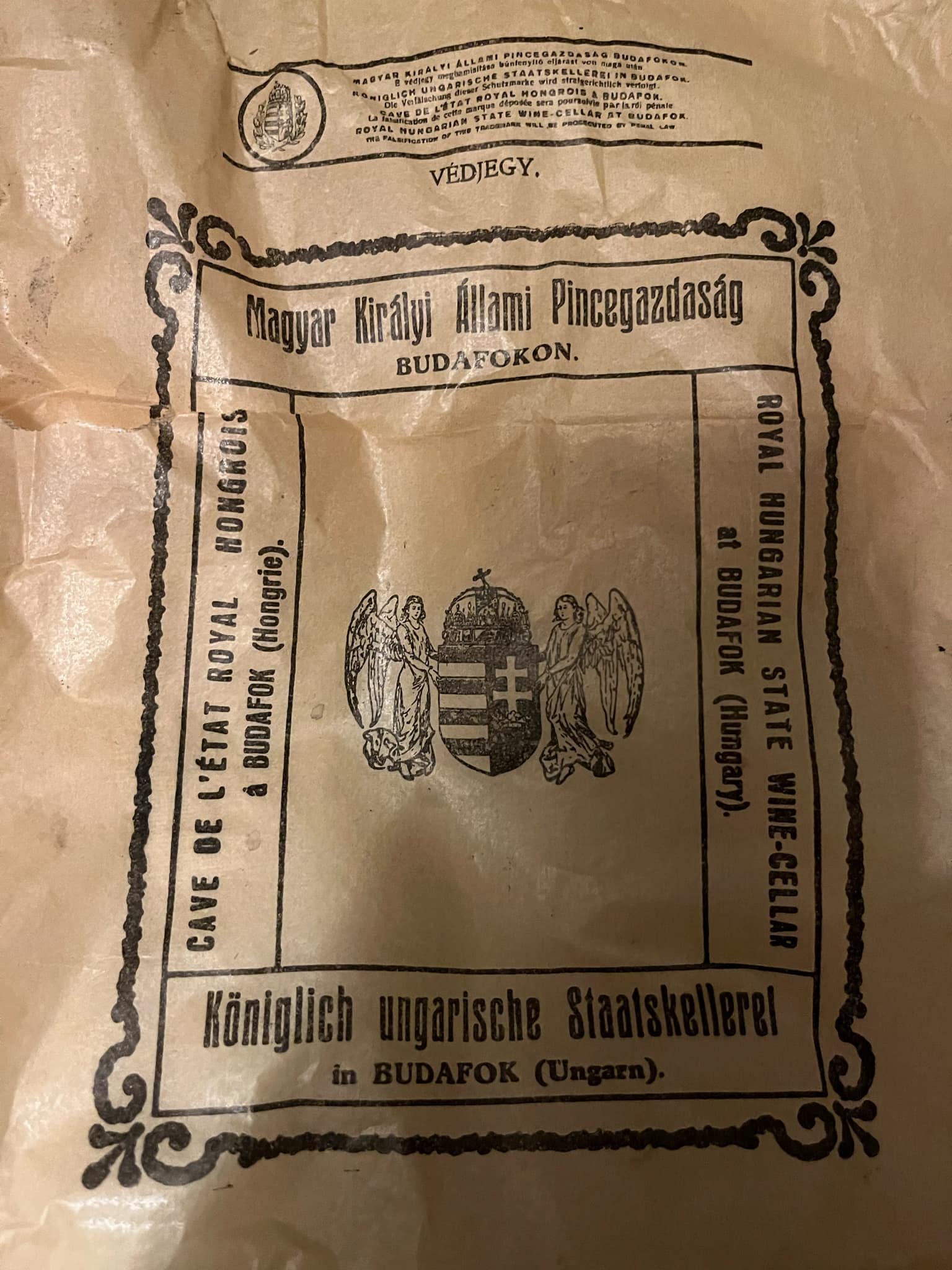 The trademarked Budafok tissue wrapper of the Royal Hungarian State Wine-Cellar