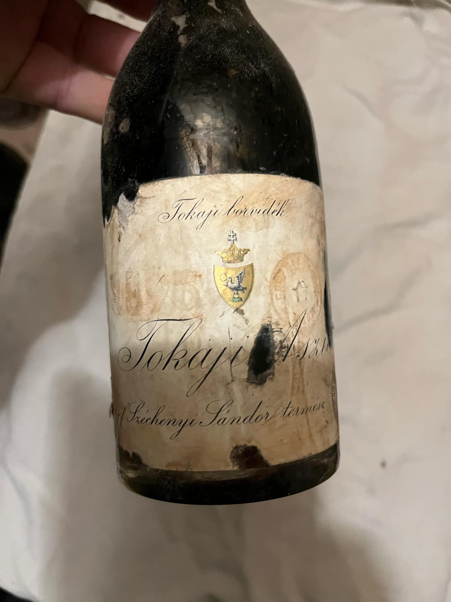 The 1895 Széchenyi Aszú: gilded embossed label with the family arms, Tokaji Aszu and Gróf Széchenyi Sándor termése