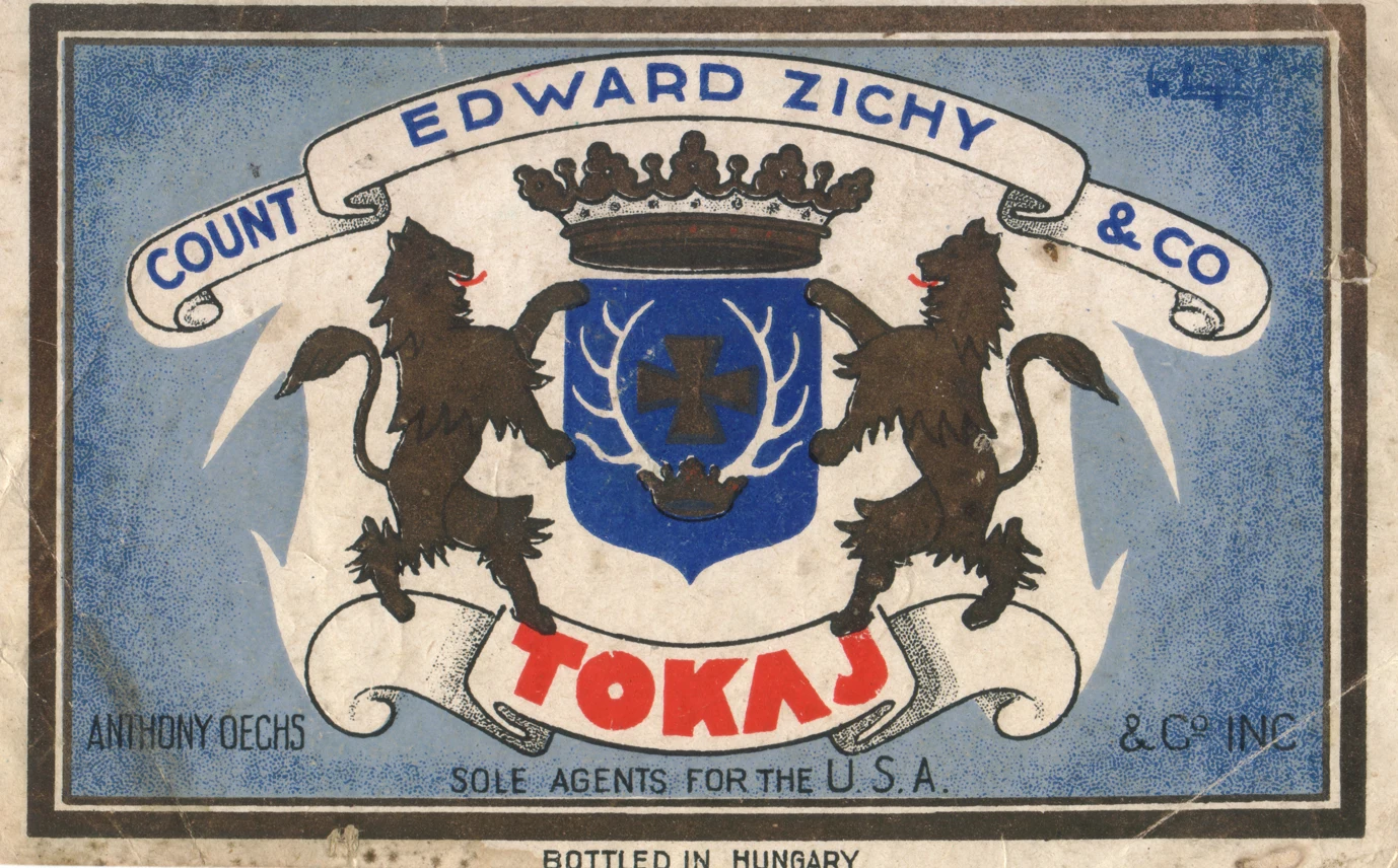Label of Count Edward Zichy & Co, Tokaj, with Anthony Oechs & Co Inc as sole agents for the U.S.A.