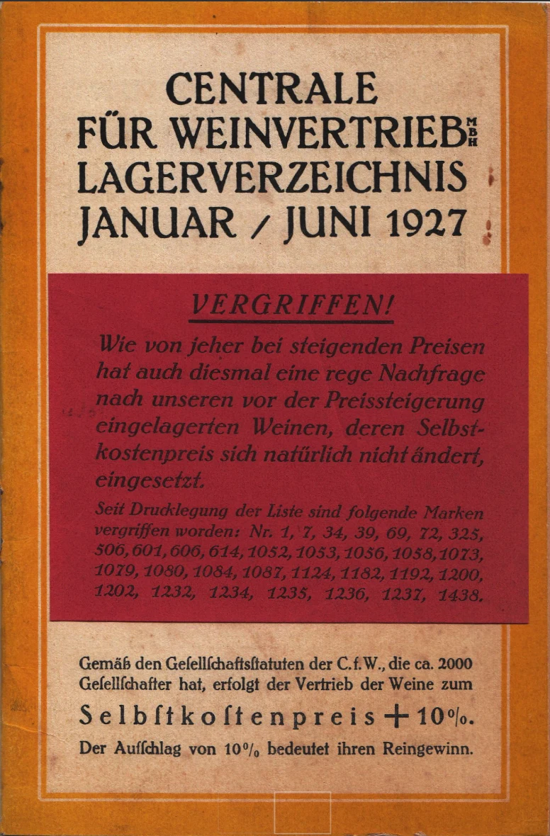 Cover of the Centrale für Weinvertrieb Lagerverzeichnis, January to June 1927