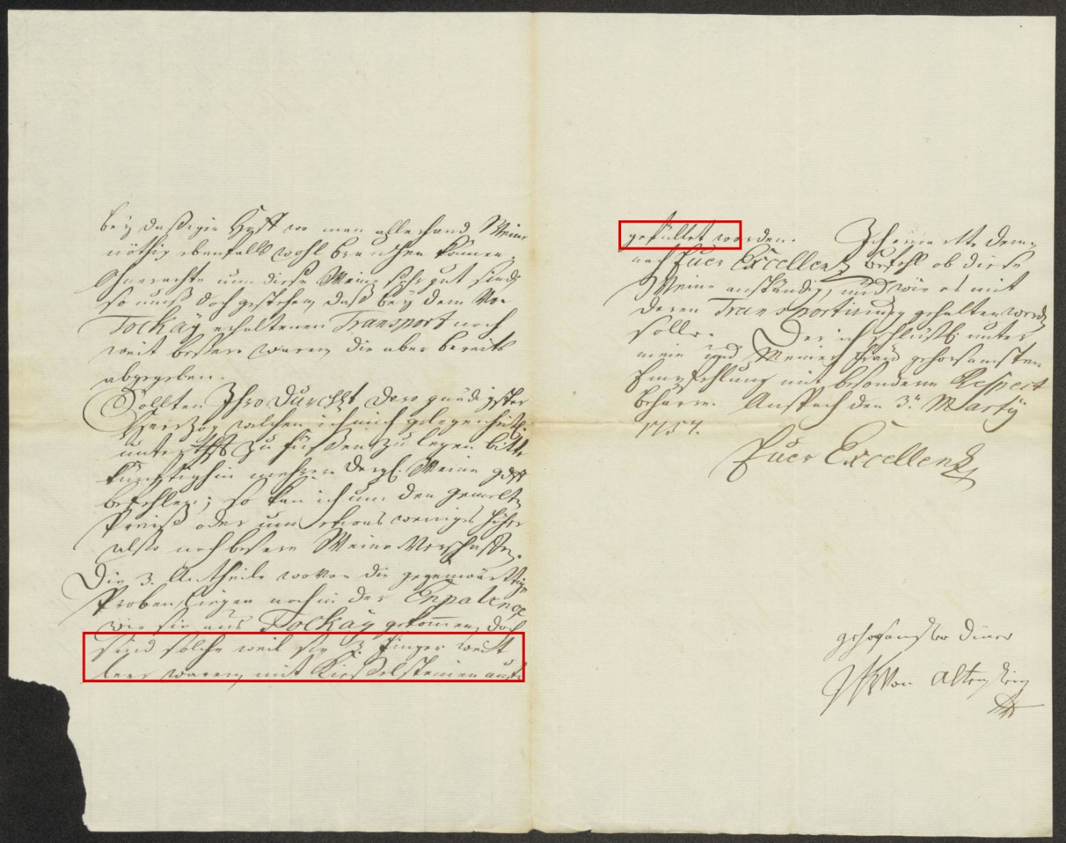 Bü 418, p. 12: von Altenstein’s letter of 3 March 1757, with the passage on topping up three fingers of ullage with pebbles framed in red