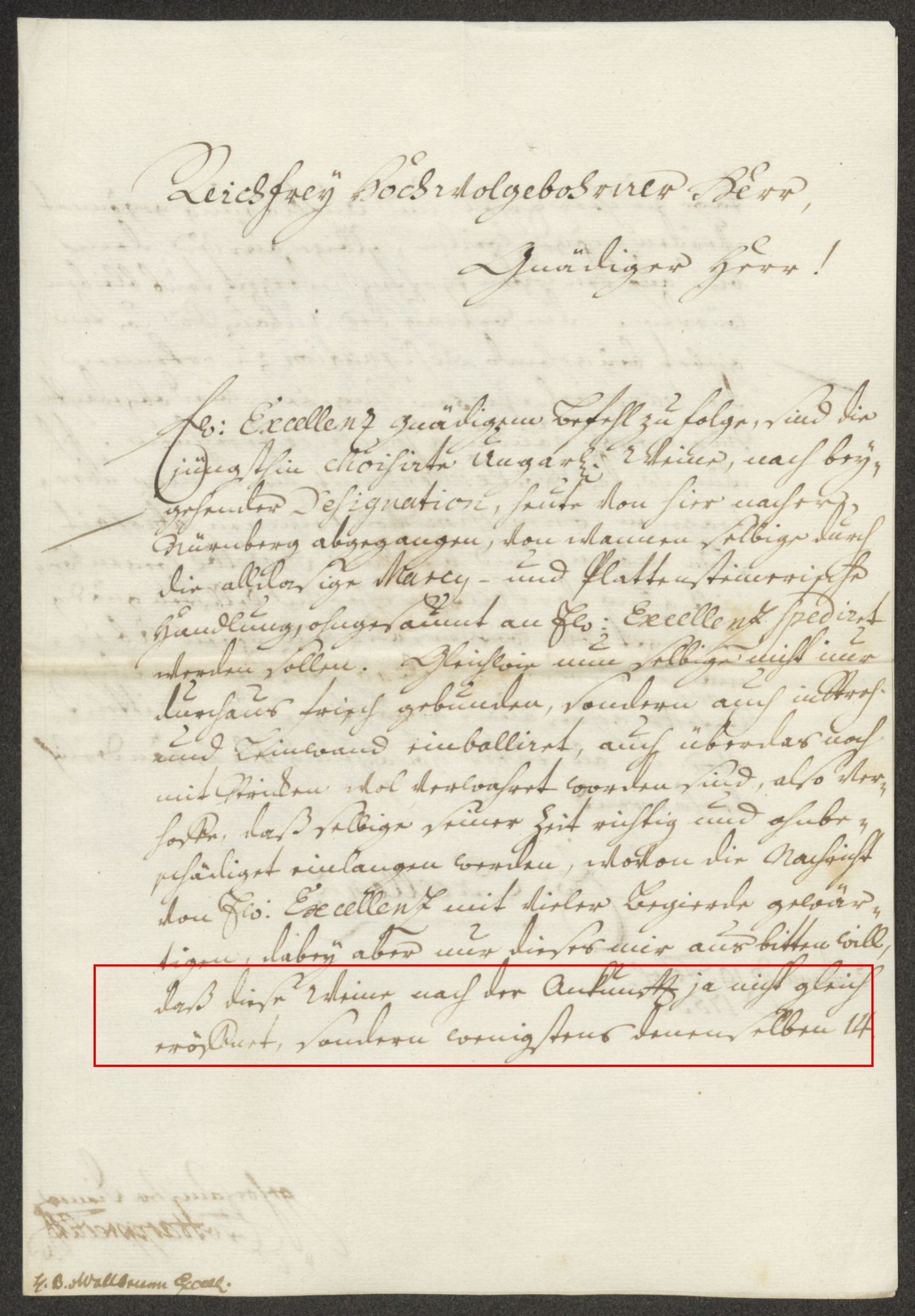 Bü 474, p. 45: the foot of the leaf, with the instruction not to open the wines on arrival framed in red