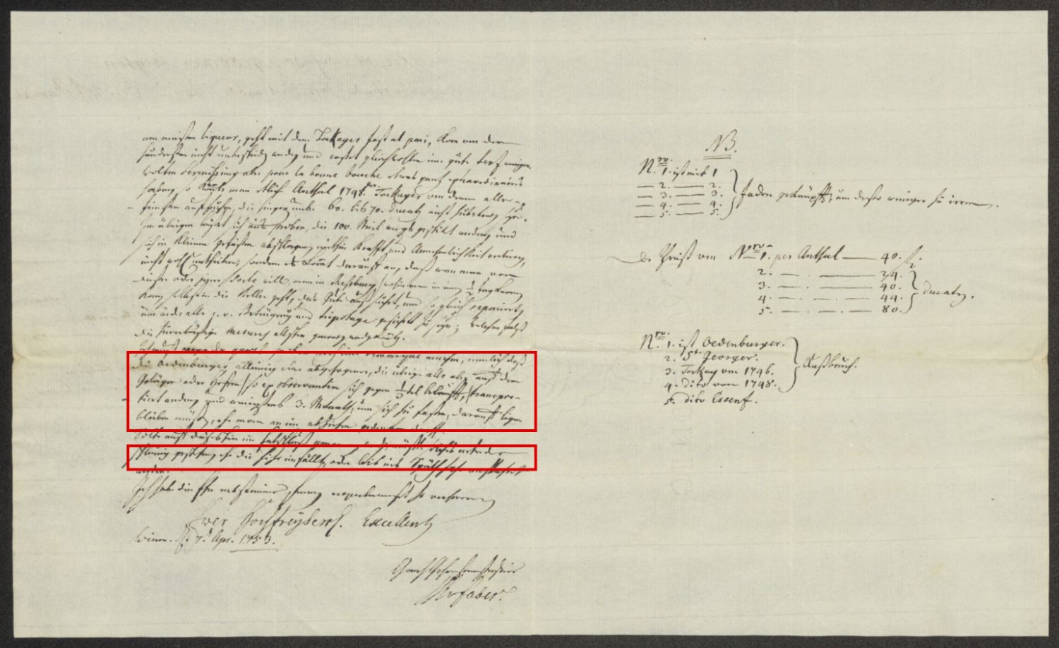 Bü 474, p. 74: Faber’s 1753 letter, the passage on transport on the lees and three months’ settling framed in red, with the five numbered samples priced at the right