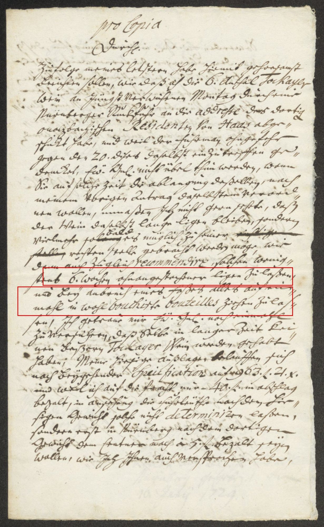 Bü 474, p. 177: the 1729 letter, with the passages on resting six weeks and bottling the whole cask framed in red