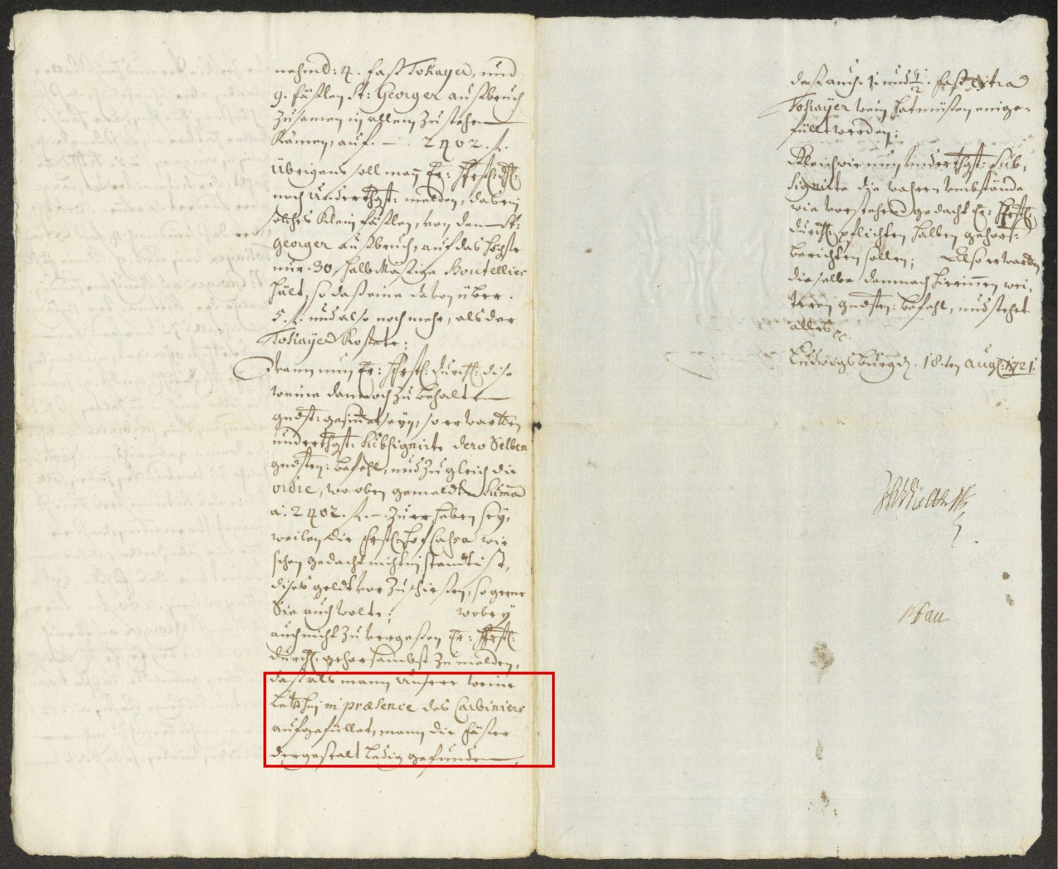 Bü 474, p. 223: the 1721 report, with the passage on topping up the casks in the presence of the carabinier framed in red