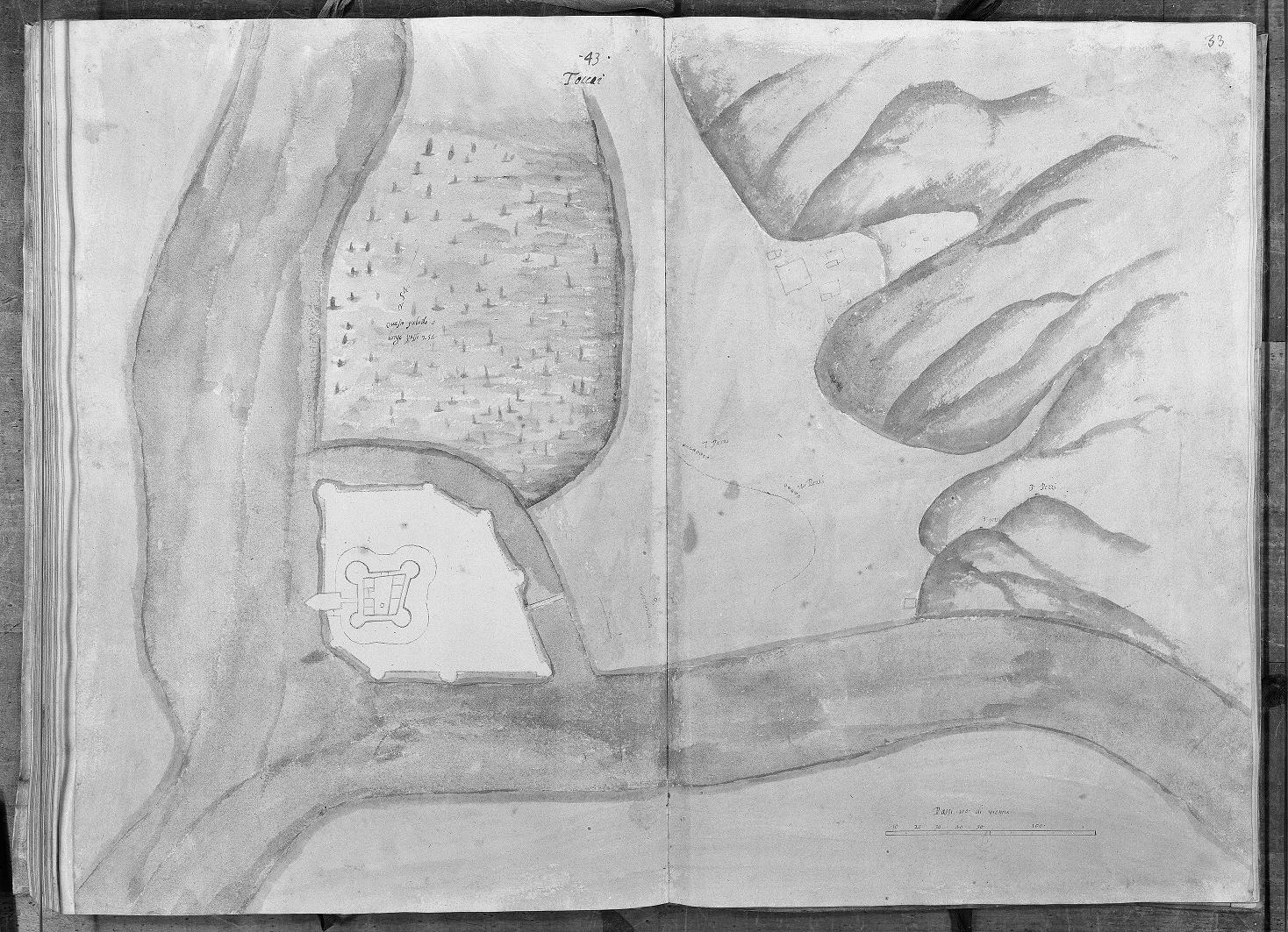 Angielus Blatt 33: the site plan of Tokaj, with the fortress between the rivers and a planted enclosure to the north