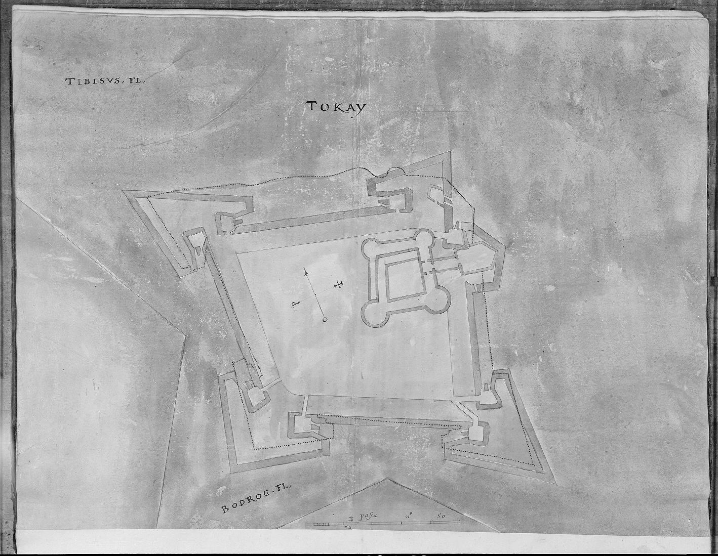 Angielus Blatt 47: the fortification plan titled TOKAY, with the Tisza and Bodrog lettered at the margins
