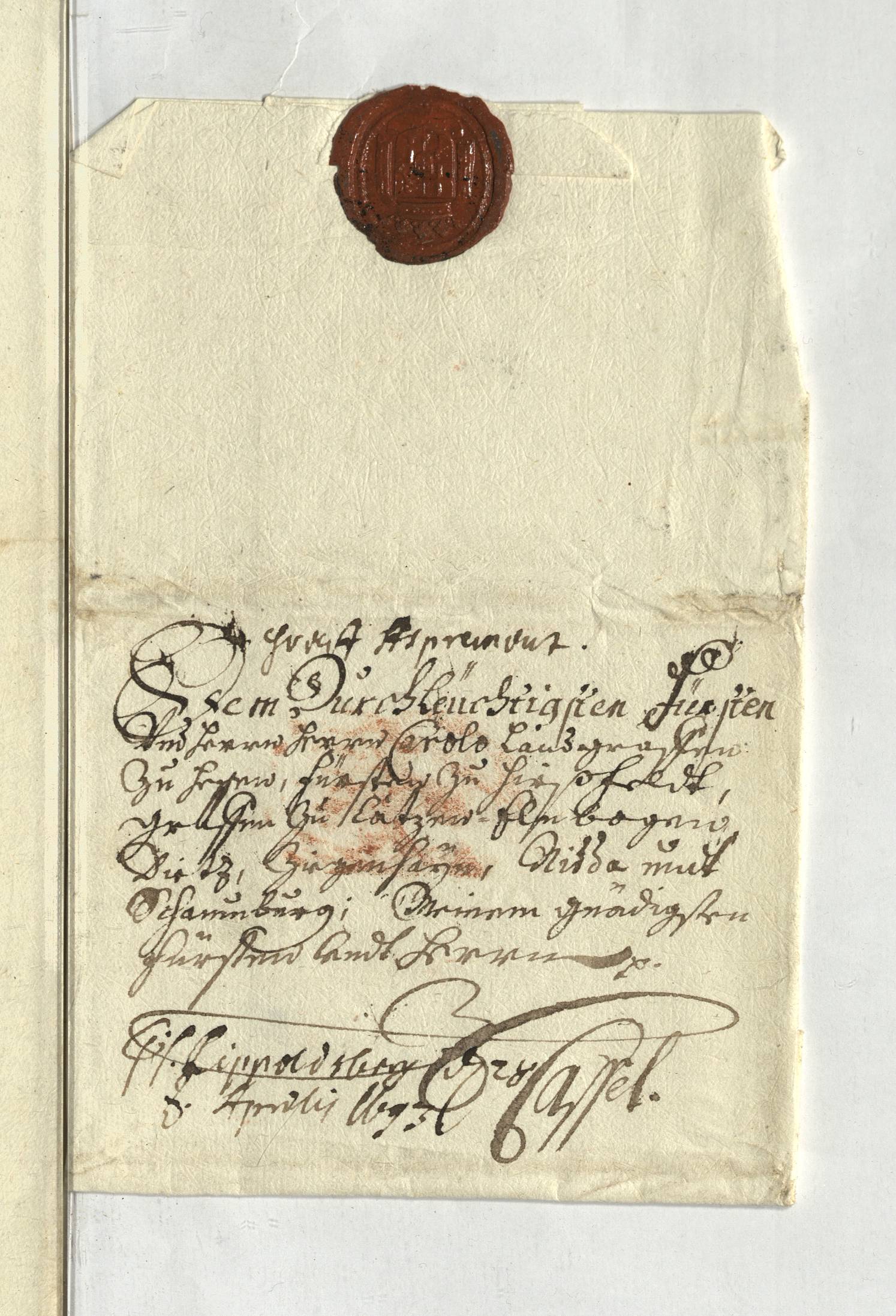 The address leaf to Landgrave Karl at Kassel, with a red wax armorial seal