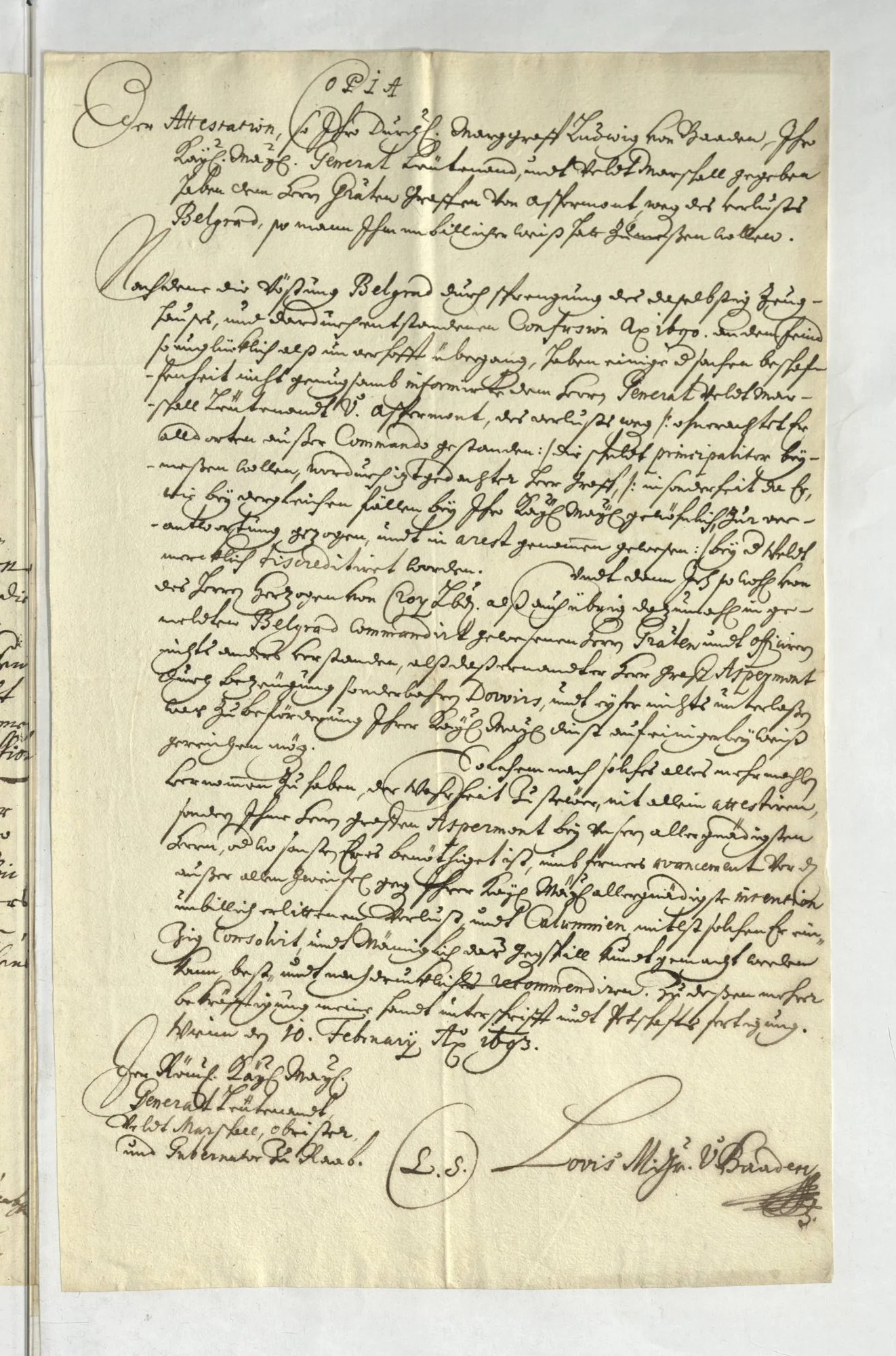 The enclosed Copia: the attestation of Margrave Ludwig of Baden, Vienna, 10 February 1693