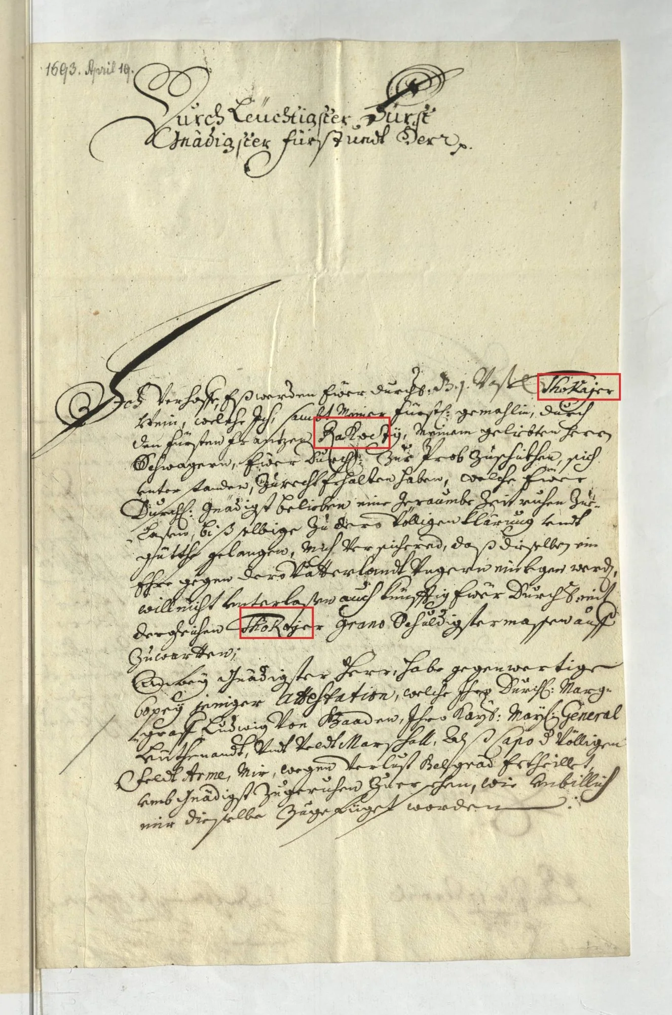 First page of the letter of 19 April 1693, with Thokäyer twice and Rakoczÿ boxed in red