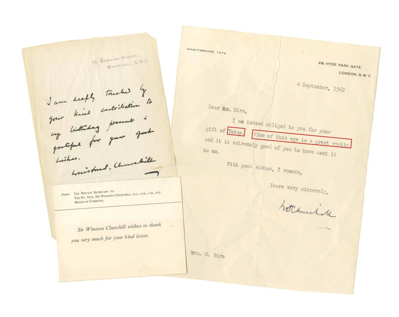 The three Churchill items: the Downing Street note, the private secretary&rsquo;s card, and the typed letter of 4 September 1962 with Tokay and Wine of this age is a great rarity boxed in red