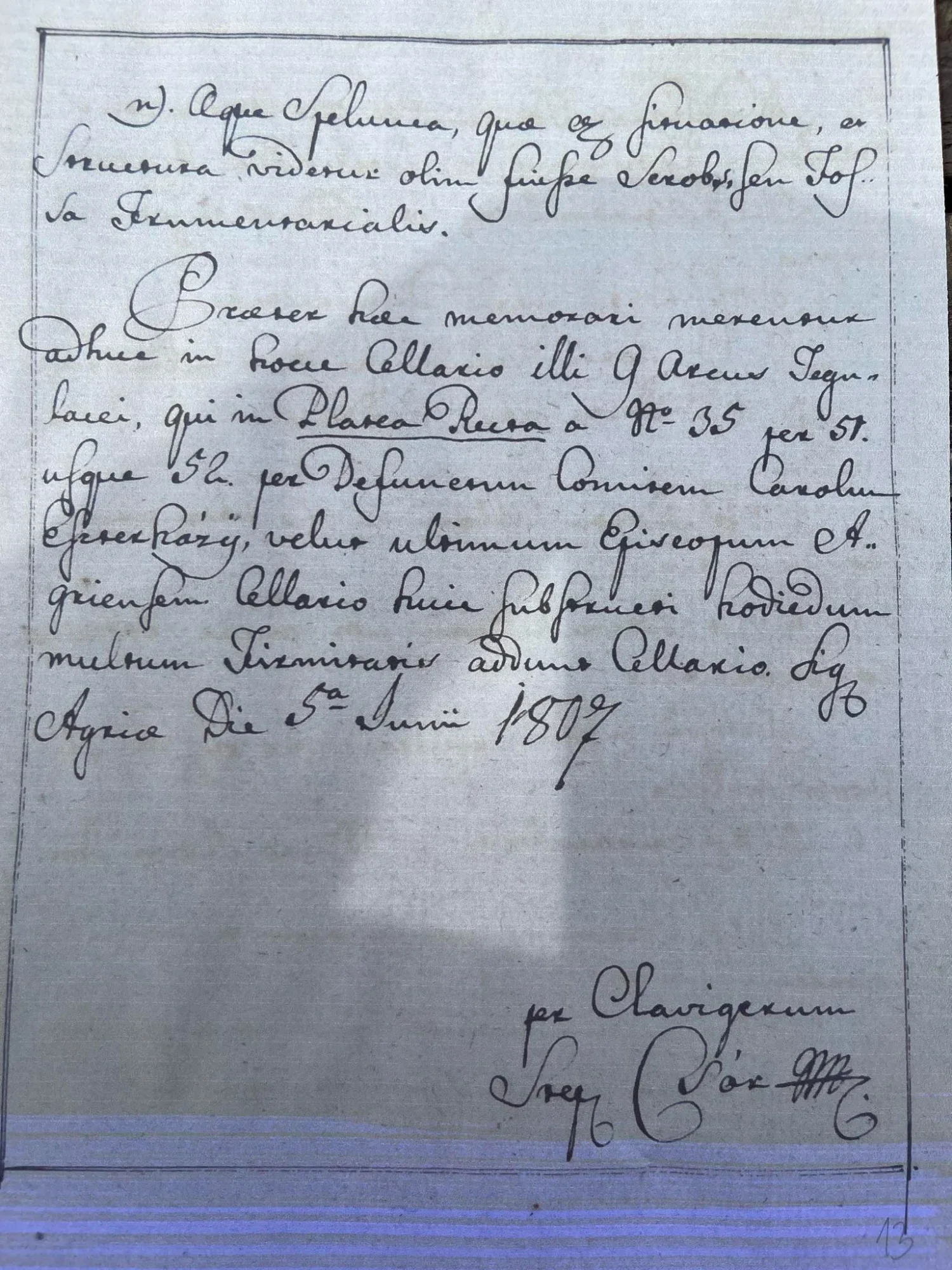 The closing page: the Eszterházy arches, the date Agriae die 5a Junii 1807 and Csór&rsquo;s signature as claviger