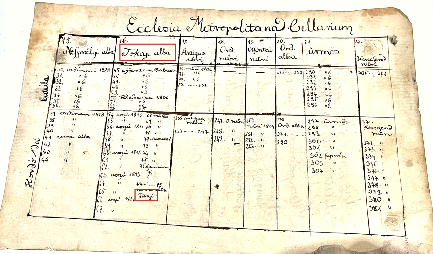 The stock table Ecclesia Metropolitana Cellarium, columns 15 to 22, with Tokaji alba and the 1822 Tokaji entry boxed in red