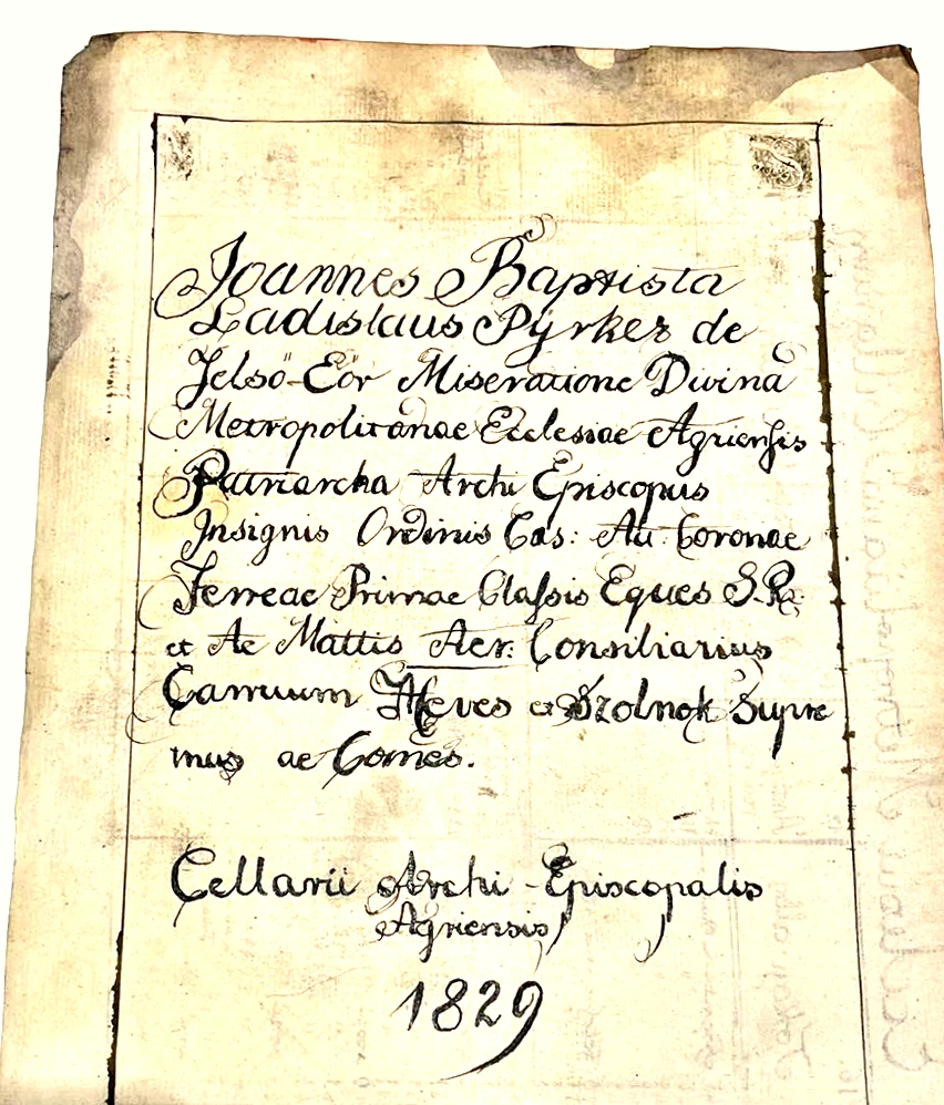 Title page of the 1829 cellar book: Joannes Baptista Ladislaus Pyrker de Felső-Eőr, Patriarcha Archi-Episcopus, Cellarii Archi-Episcopalis Agriensis 1829