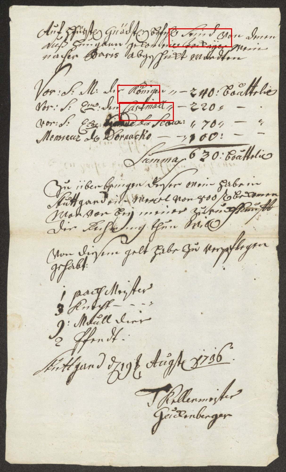 The cellar-master&rsquo;s list of the 630 bottles sent to Paris in August 1736, with the Queen and the Cardinal boxed in red