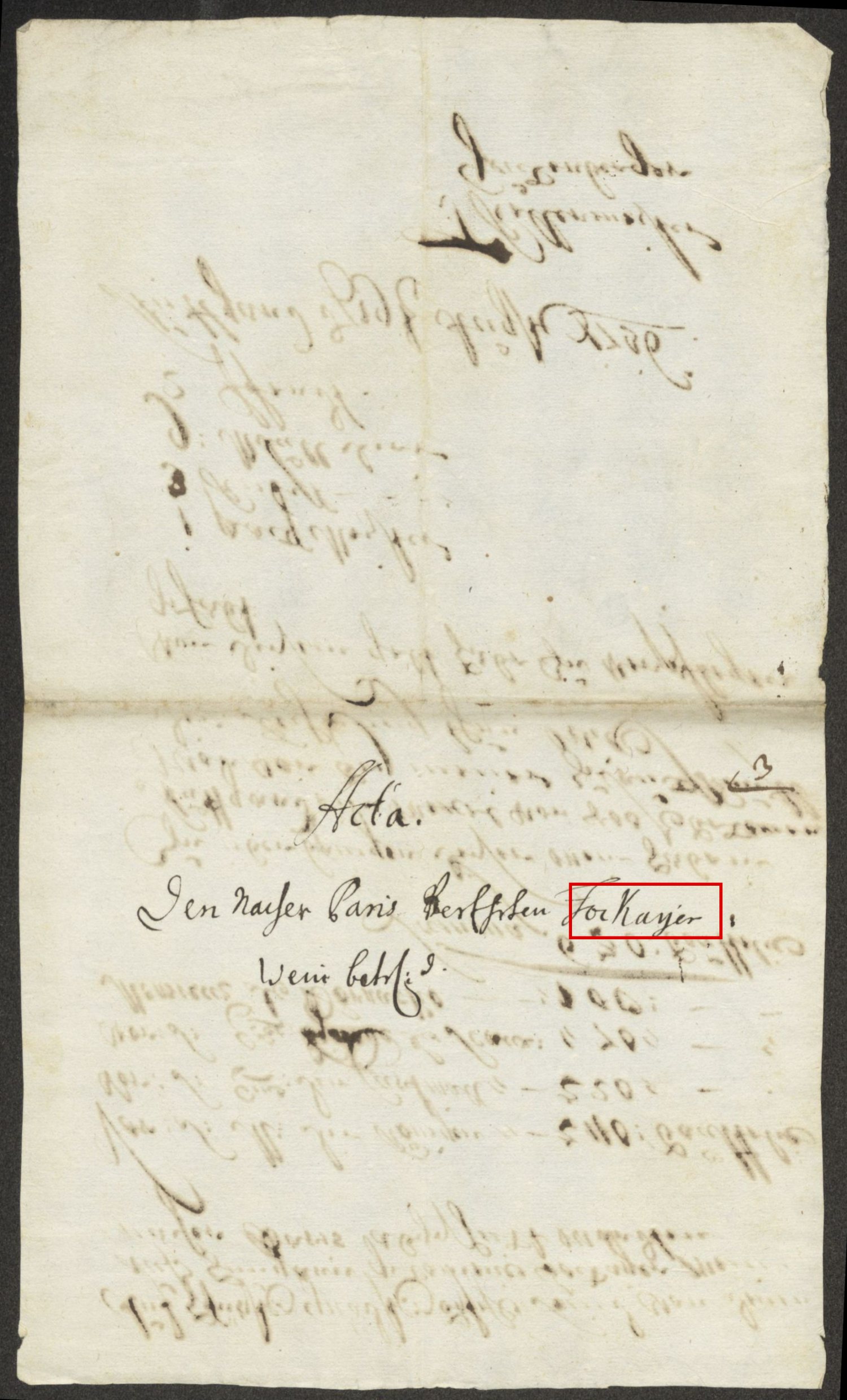 The cover of the sub-fascicle: Acta. Den nacher Paris verehrten Tockayer Wein betr., with Tockayer boxed in red
