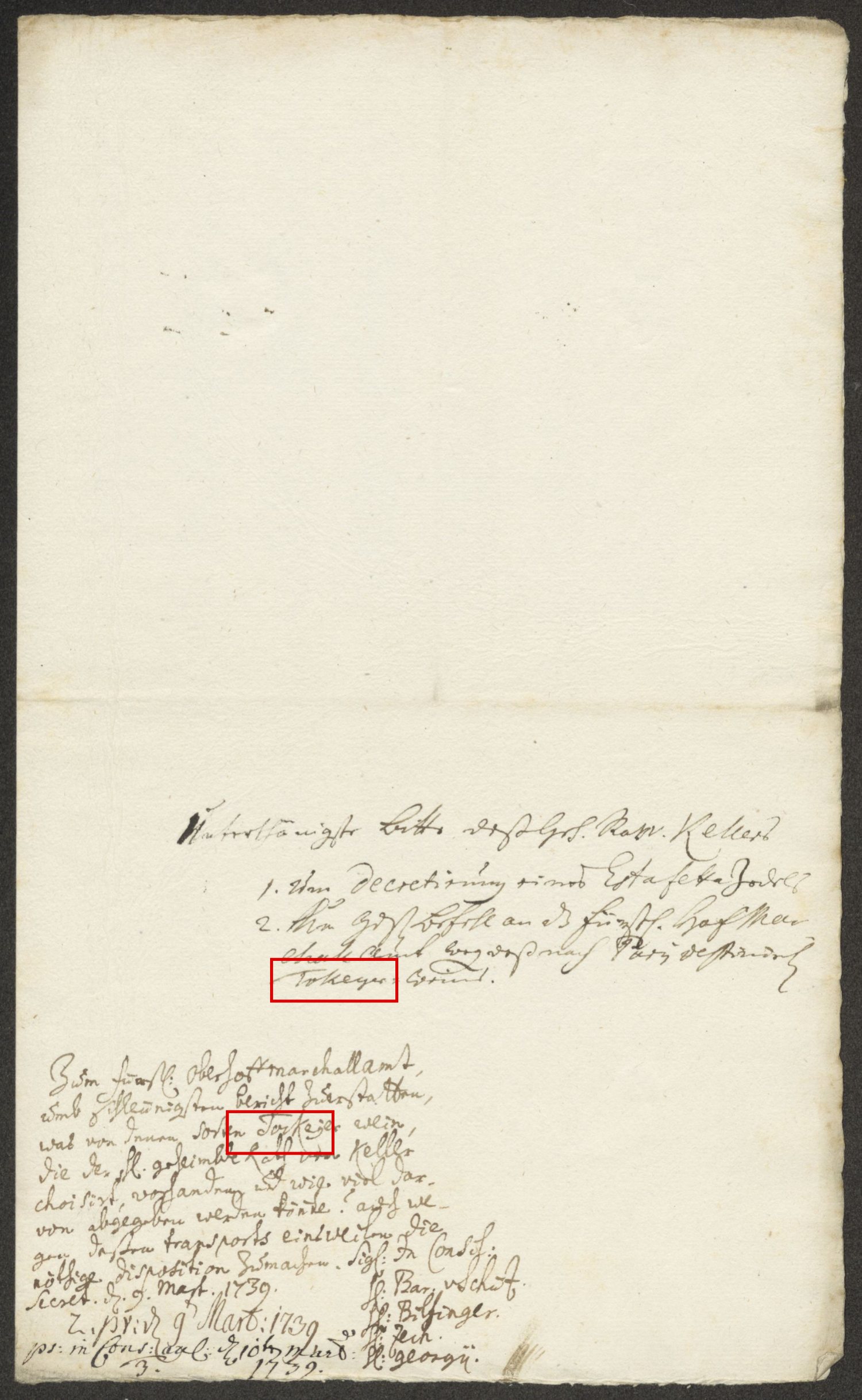 The rubrum of Keller&rsquo;s petition carrying the Privy Council&rsquo;s order of 9 March 1739, signed Schütz, Bilfinger, Zech and Georgii, with Tokeyer boxed in red twice