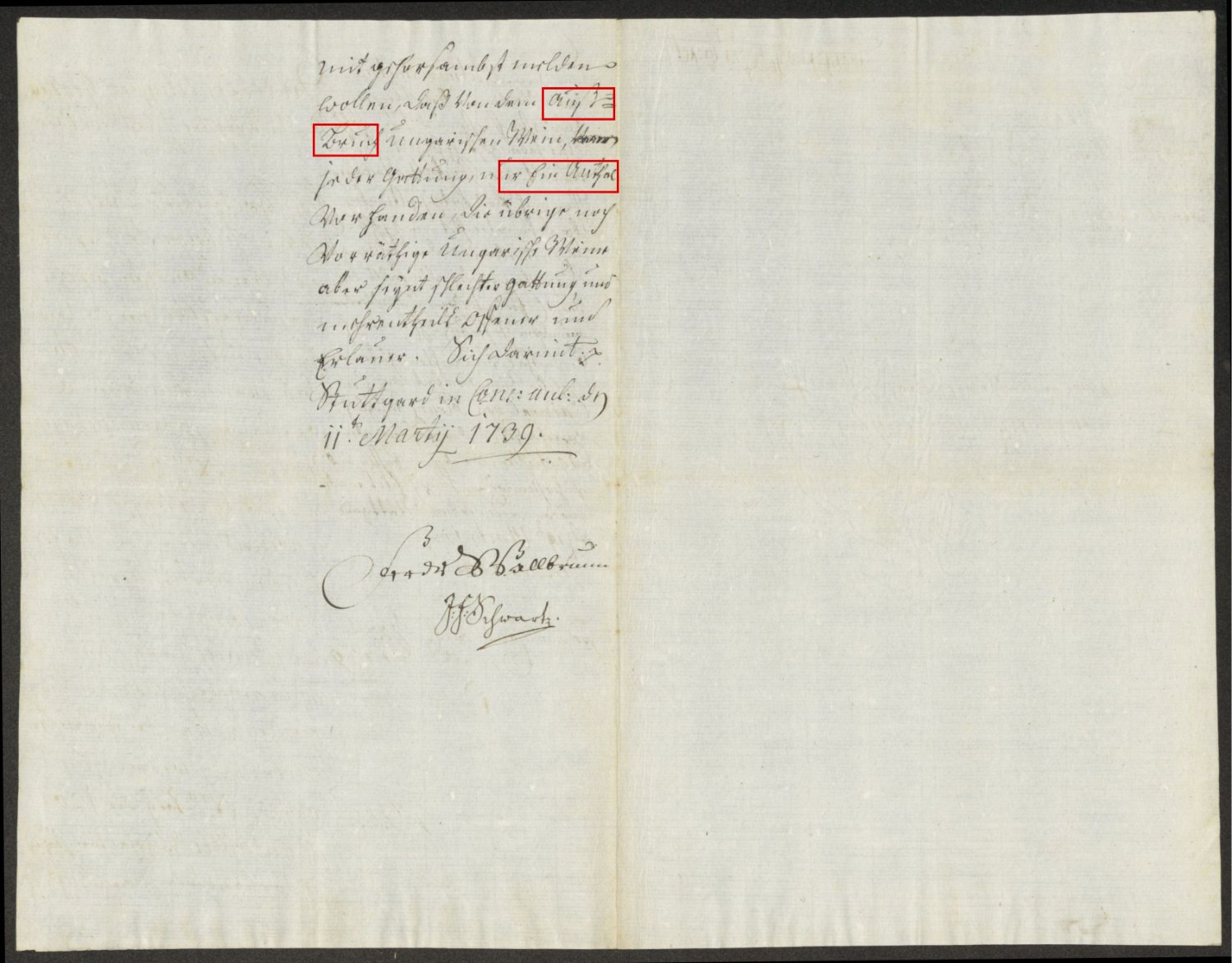 Second opening of the 11 March 1739 report: the passage on one Antal of Ausbruch per sort and the remaining Ofner and Erlauer, signed Wallbrunn and Schwartz