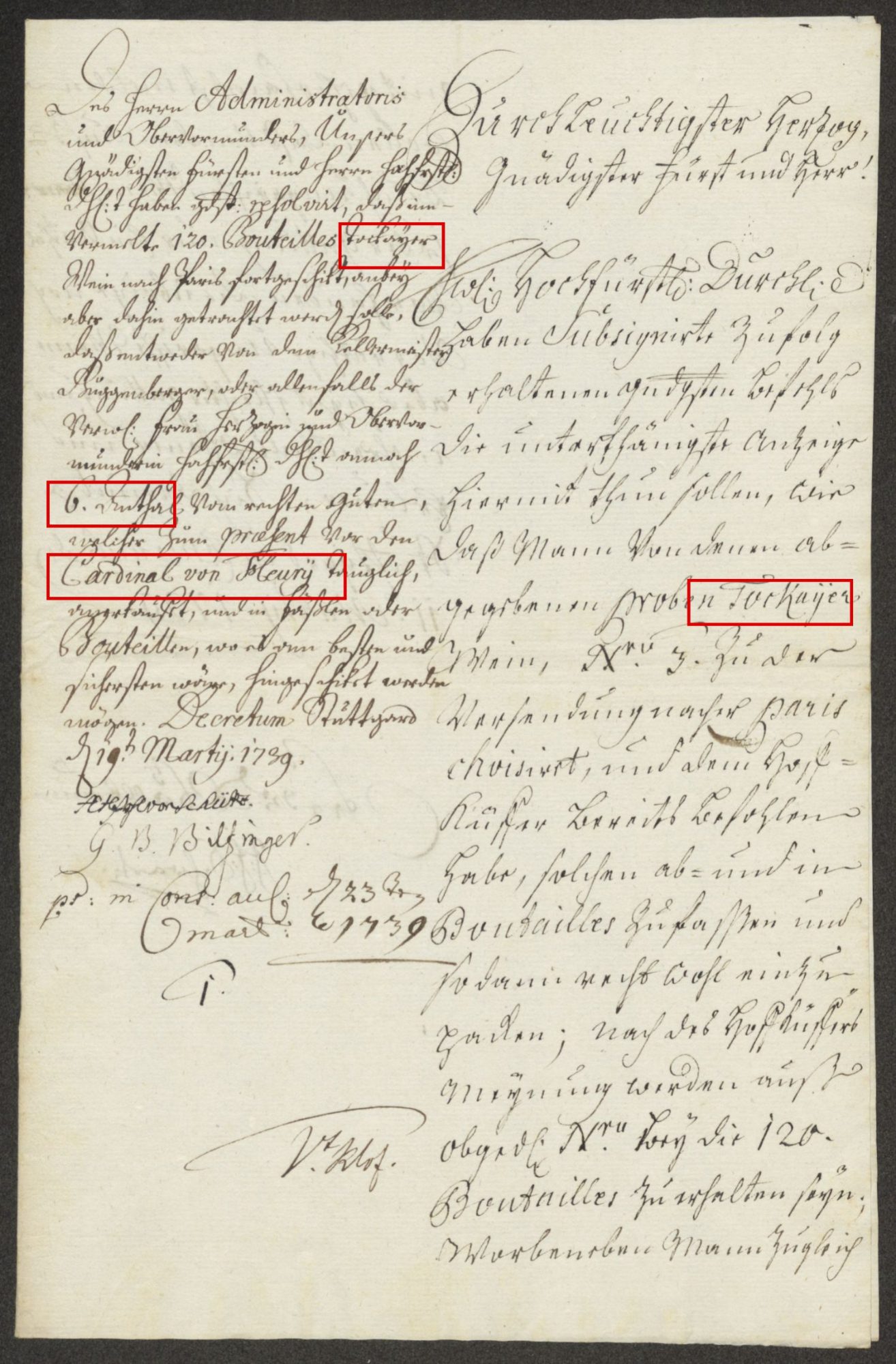 The report of 11 March 1739 with the Administrator&rsquo;s decree of 19 March in the margin: 120 Bouteilles Tockayer, 6 Anthal, Cardinal von Fleury, all boxed in red
