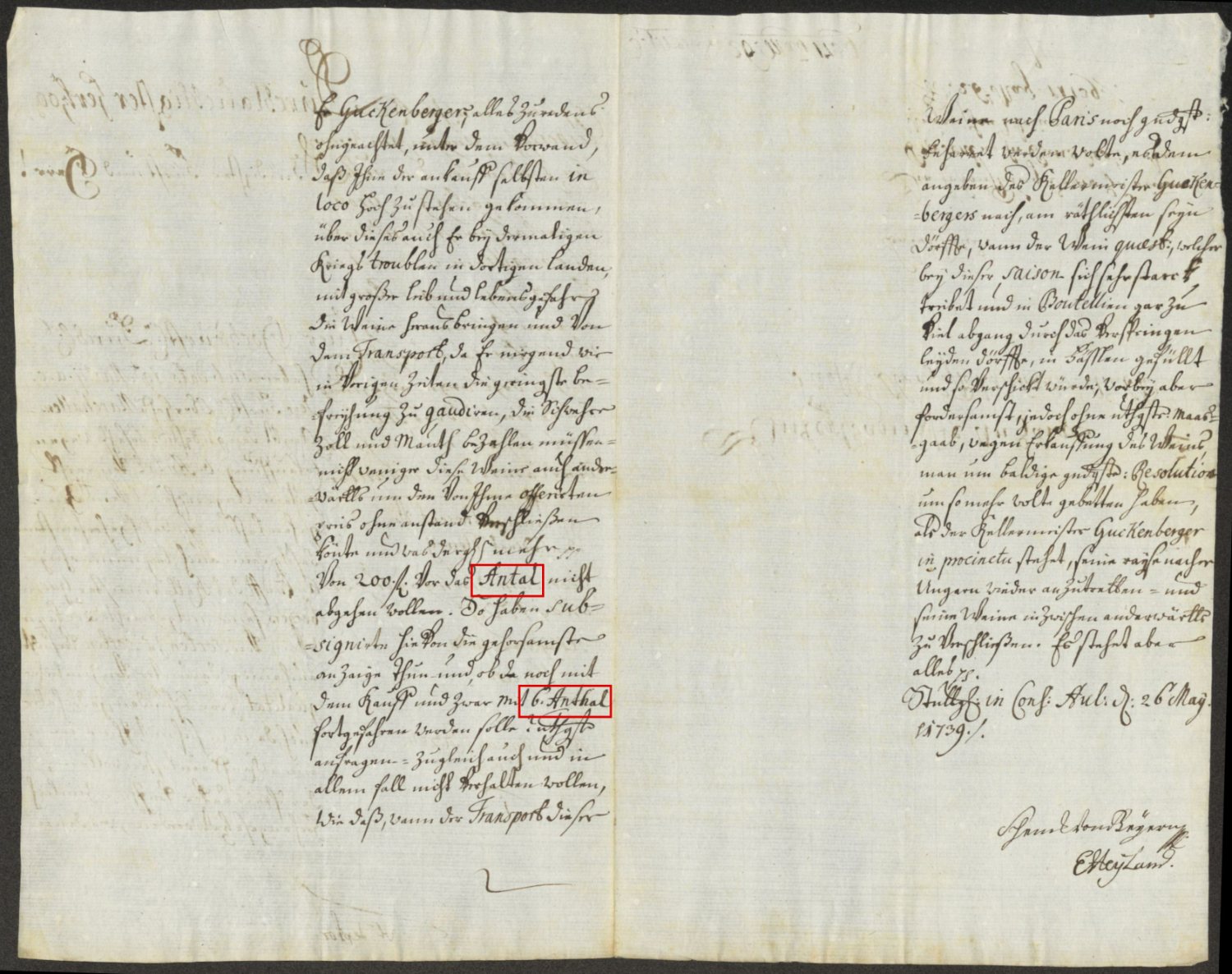 The second opening of the 26 May 1739 report: the price of 200 florins per Antal, the six Anthal, and the advice to ship in casks, boxed in red