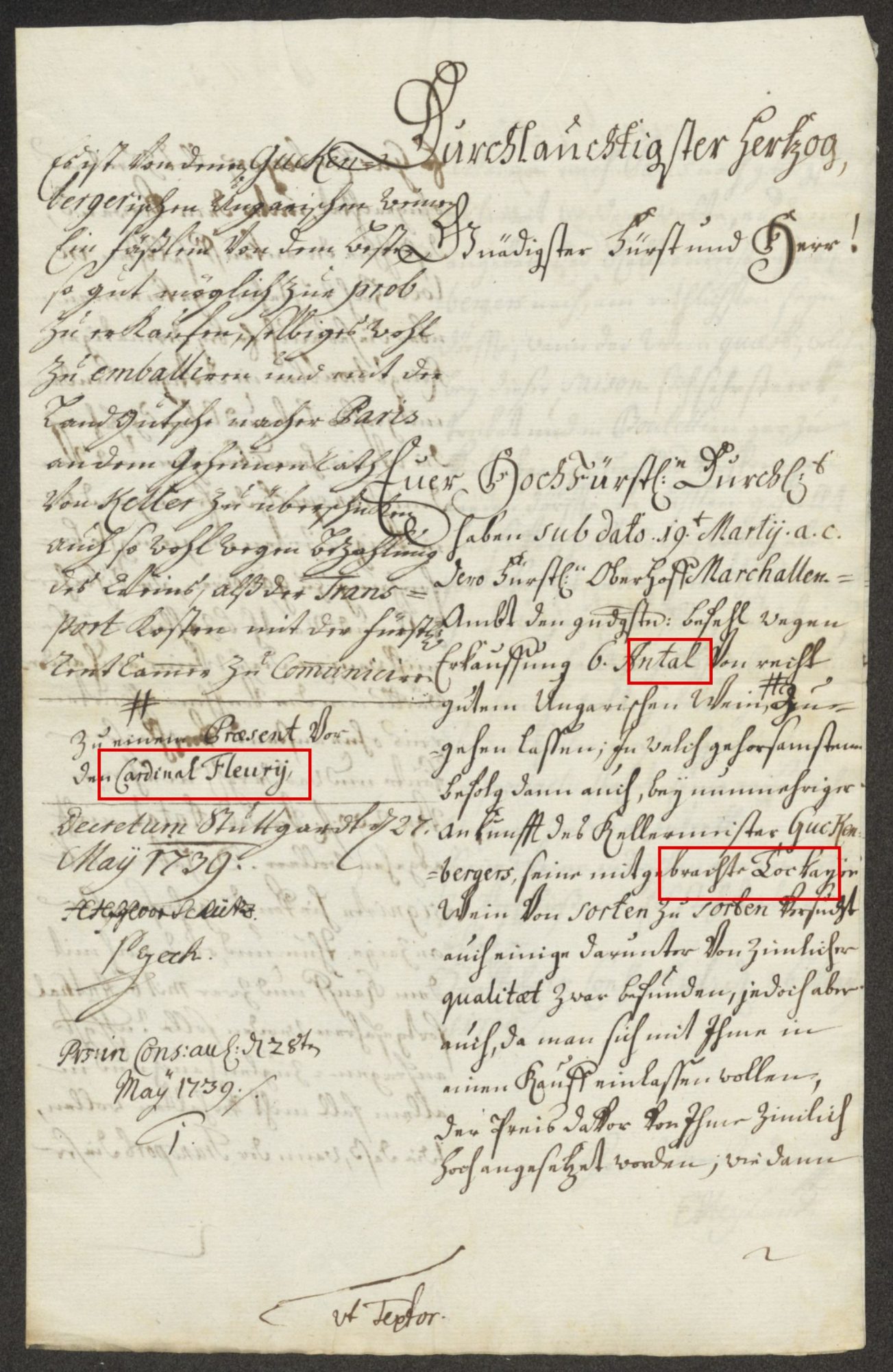 The report of 26 May 1739, first page, with the decree of 27 May in the margin naming Cardinal Fleurij, and Antal and Cardinal Fleury boxed in red