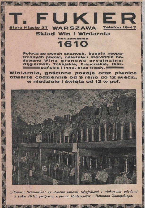 T. Fukier advertisement naming the Piwnica Hetmańska