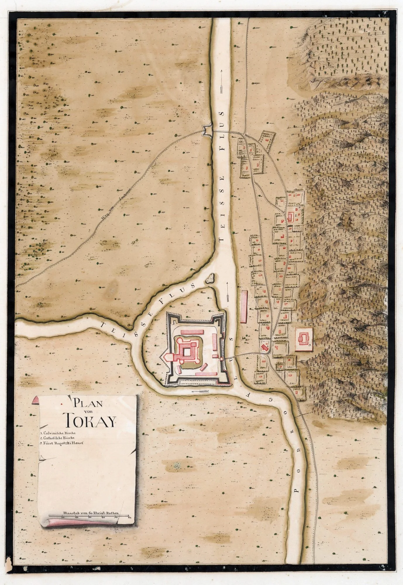 Fürstenhoff, Plan von Tokay: the fortress, the street of walled plots, and the planted slopes of the Tokaj hill along the eastern edge
