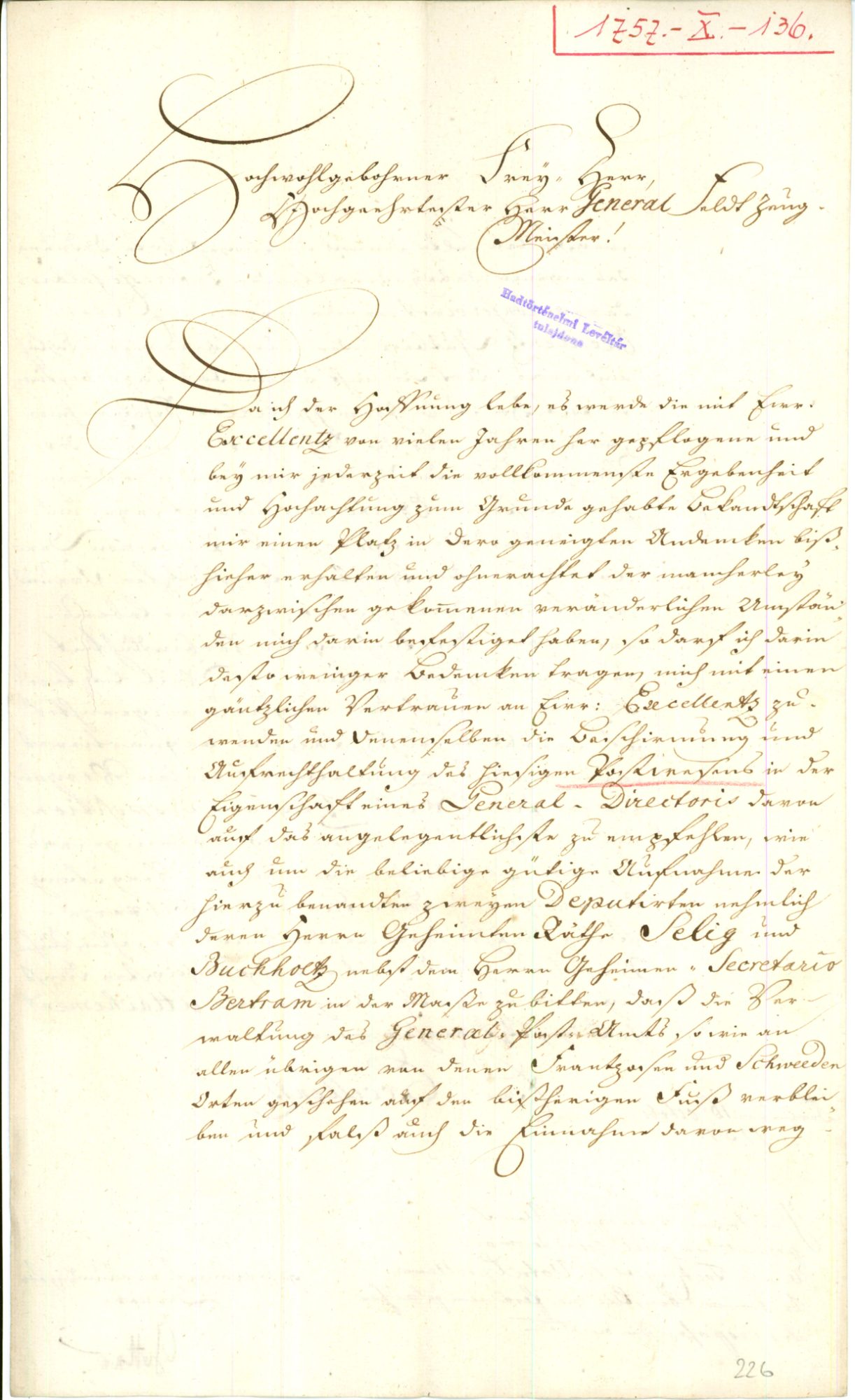 First page of Gotter&rsquo;s letter to Hadik, Berlin, 16 October 1757, archive number 1757-X-136