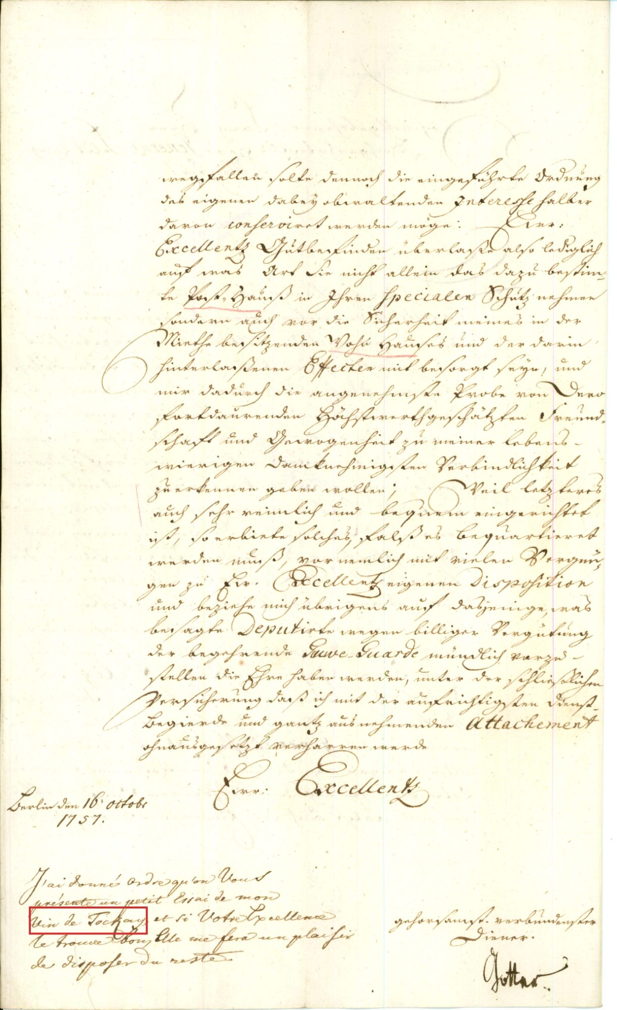 Second page: the date Berlin, 16 October 1757, Gotter&rsquo;s signature, and the French postscript with vin de Tockay boxed in red