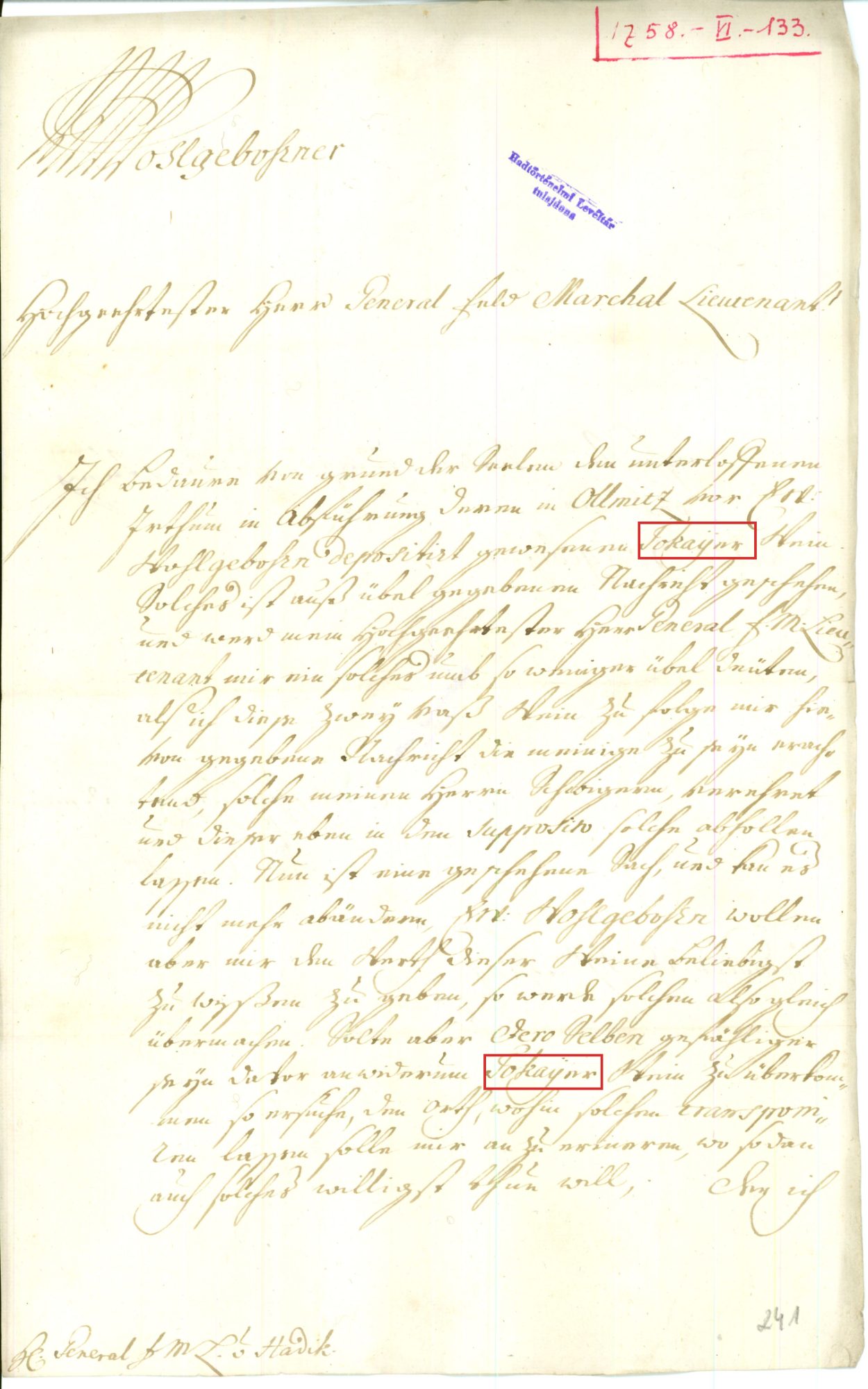 First page of Nádasdy&rsquo;s letter, archive number 1758-VI-133, with both occurrences of Tokayer boxed in red