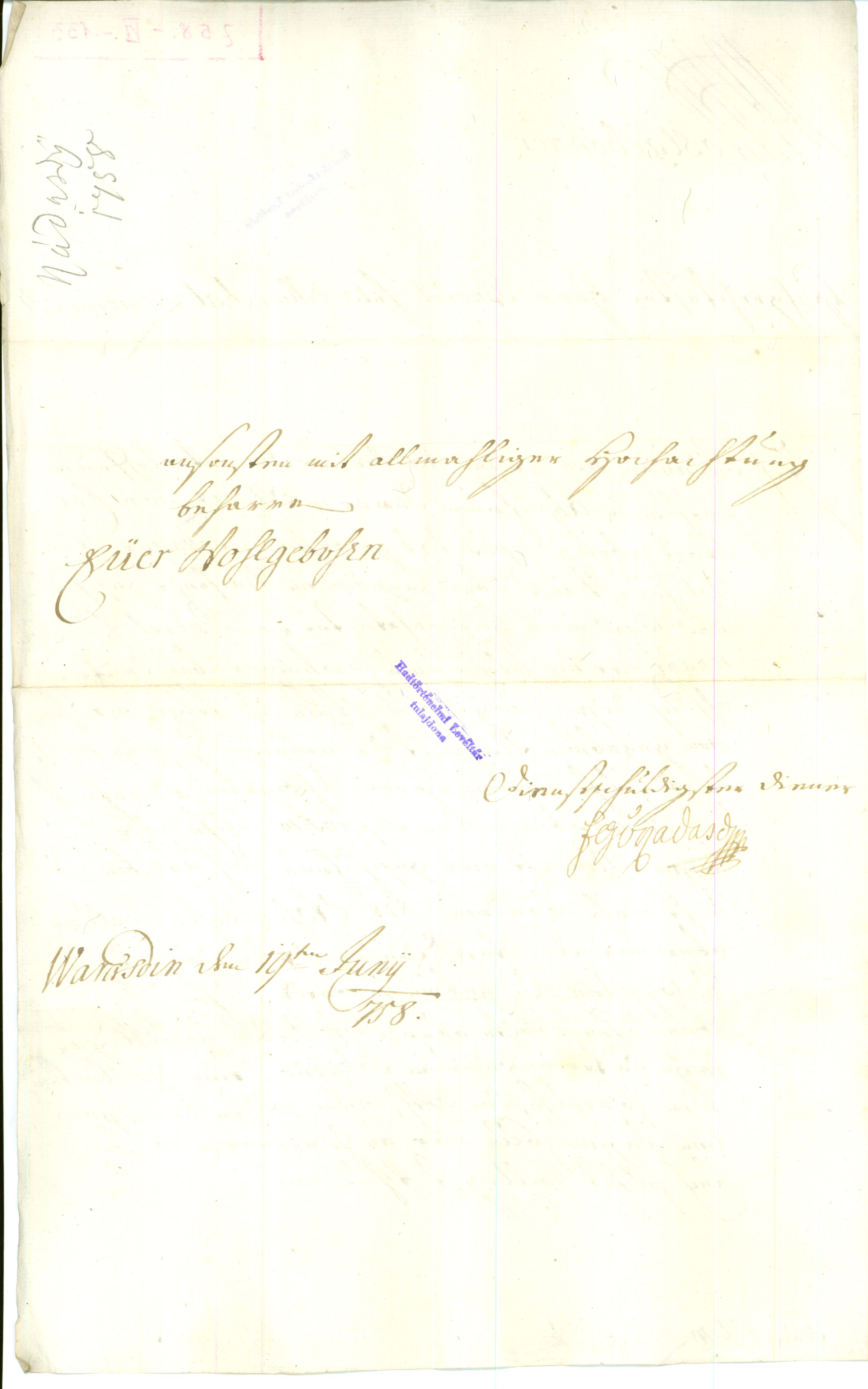 Second page: the closing formula, Nádasdy&rsquo;s signature and the place and date Warasdin, 19 June 1758