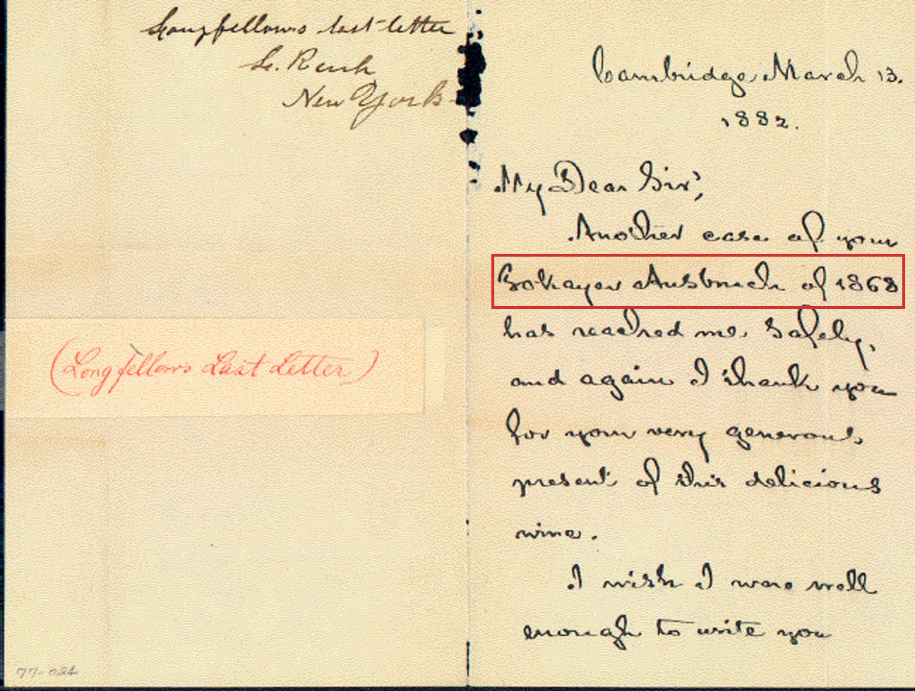 First leaf: the collector&rsquo;s docket and red-ink label, and the opening paragraph with the phrase Tokayer Ausbruch of 1868 boxed in red