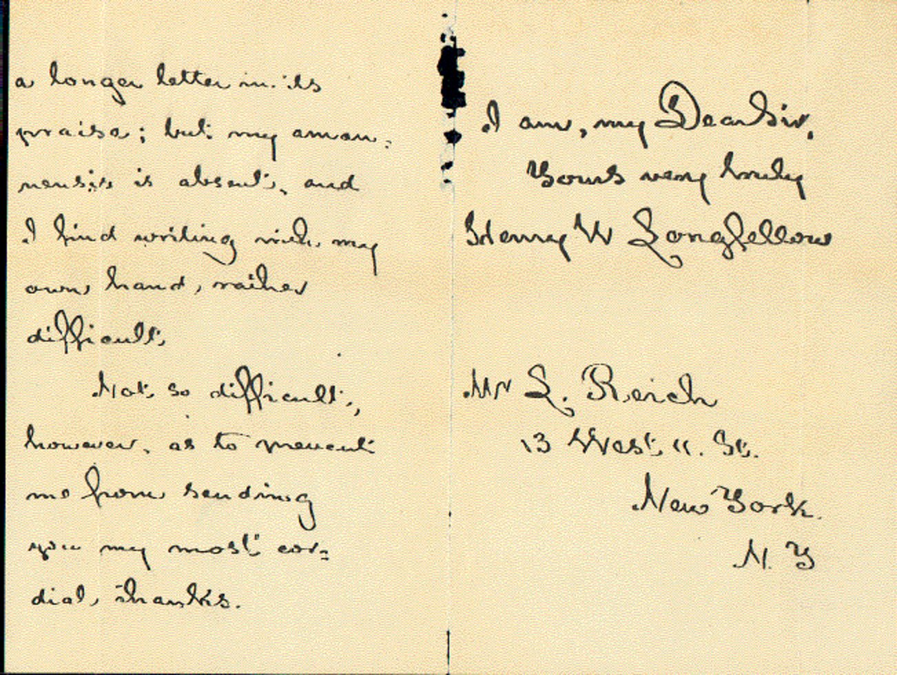 Second leaf: the close, the signature Henry W. Longfellow, and the address to Mr L. Reich, 13 West 11 St., New York