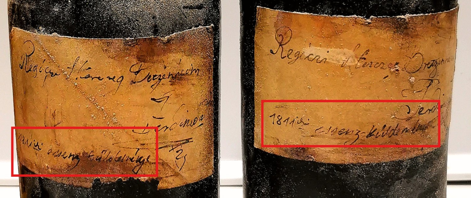 The two hand-written labels enlarged, the line 1811-iki essenz-küldemény framed in red on each