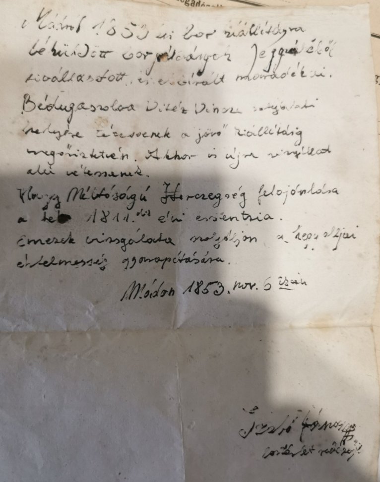 The sheet written at Mád, 6 November 1853, ordering the exhibition samples corked and kept until the next exhibition