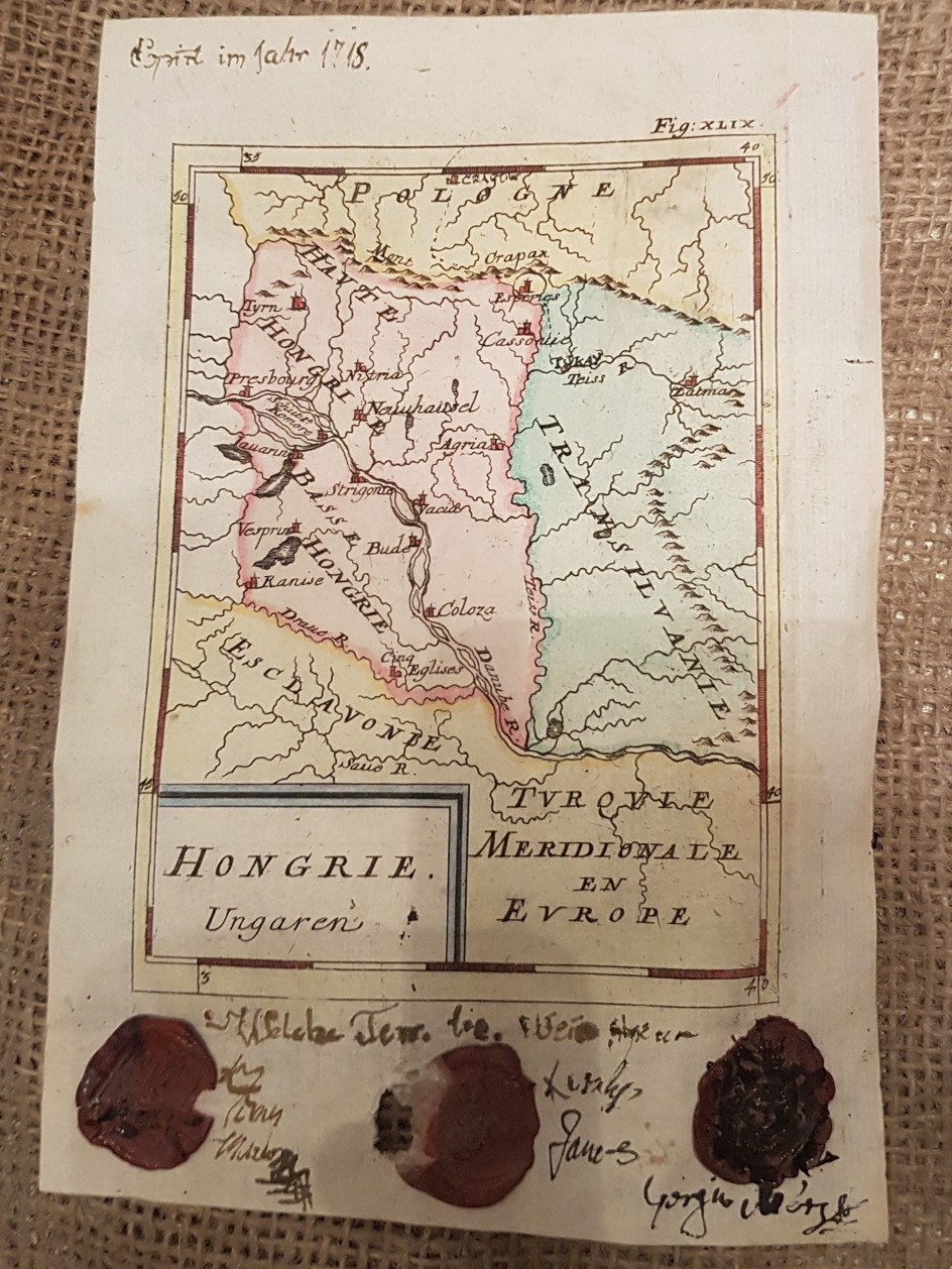 Mallet's map of Hungary, annotated in 1718 and sealed by three signatories
