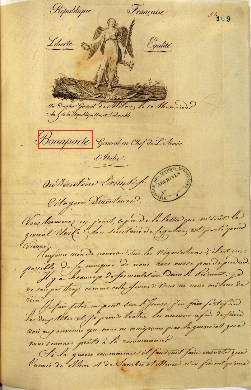 First page, fol. 109: the printed Republican vignette, the dateline Quartier Général de Milan le 10 Thermidor, and the heading Bonaparte, Général en Chef de l&rsquo;Armée d&rsquo;Italie, boxed in red