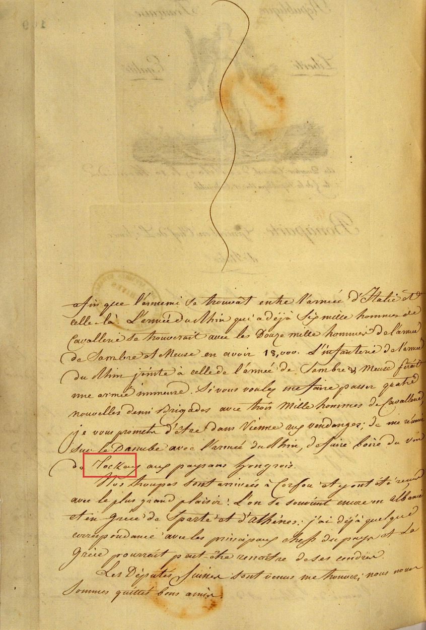 Second page: the paragraph on the renewed offensive, with vin de Tockay boxed in red