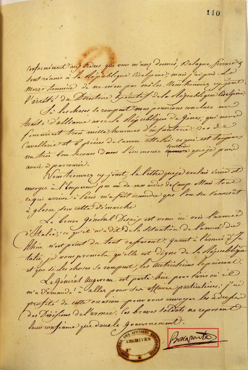Final page, fol. 110: Corfu, the Cisalpine union, Desaix and Augereau, with the signature Bonaparte boxed in red and the archive stamp beside it