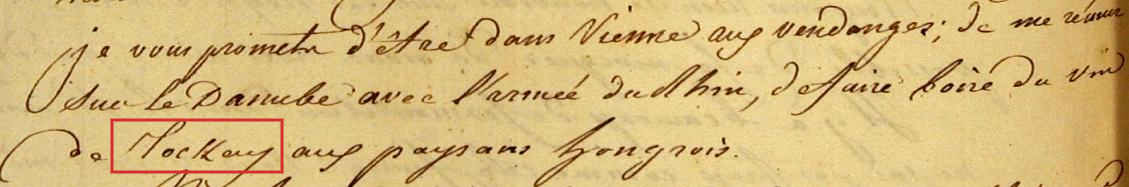 The two lines of the letter naming vin de Tockay, enlarged
