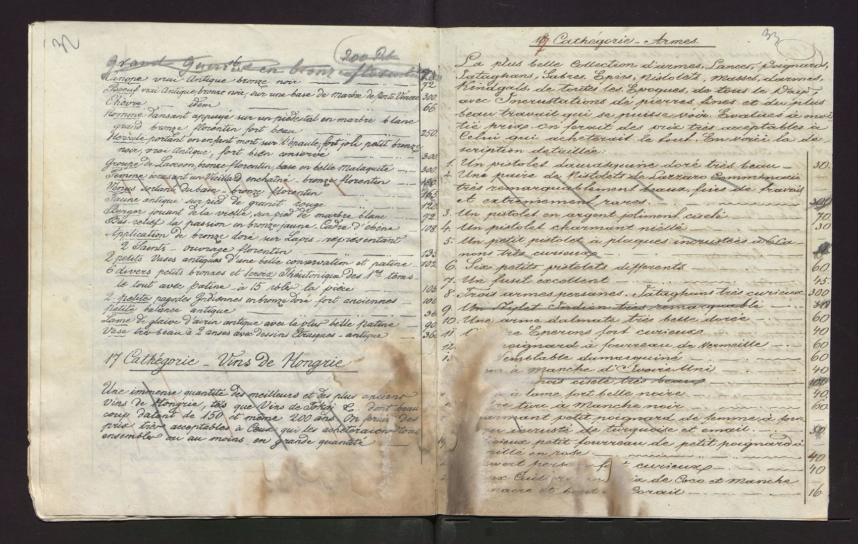 Opened catalogue: bronzes and the arms category, with the wine category at the foot of the left page